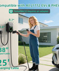 Woman using Plug And Play Level 2 Ev Charger 40 Amp Electric Vehicle Charging Station Nema 1450P Plug in garage.