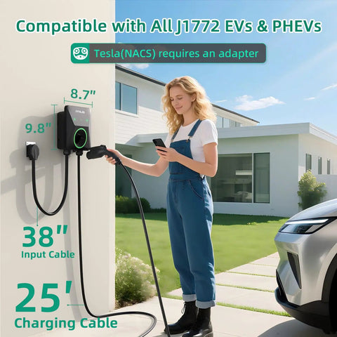 Woman using Plug And Play Level 2 Ev Charger 40 Amp Electric Vehicle Charging Station Nema 1450P Plug in garage.