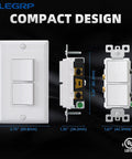 Decorator Double Rocker Light Switch With Two Single Pole Paddles 15A 120V In Wall On Off Self Grounding Includes Wall Plate UL Listed Glossy White Pack Of Two dimensions and design features shown in image, highlighting compact structure.