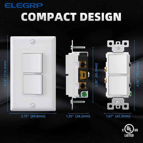 Decorator Double Rocker Light Switch With Two Single Pole Paddles 15A 120V In Wall On Off Self Grounding Includes Wall Plate UL Listed Glossy White Pack Of Two dimensions and design features shown in image, highlighting compact structure.