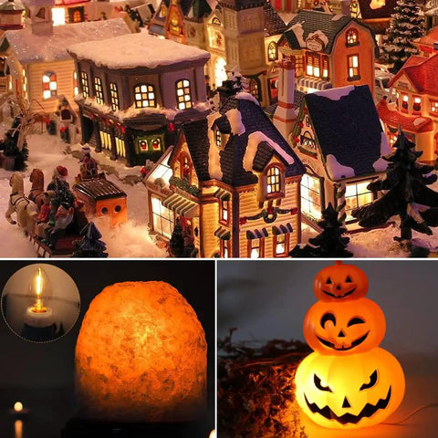 Two Pack LED Light Cords With 6 Feet White Wire And On Off Switch, C7 Candelabra Bulbs And Clips, used in festive village and pumpkins