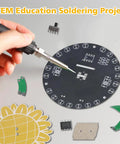 Light Chasing Sunflower Soldering Kit With RGB LED Flashing Lights, circuit board, and components for school education