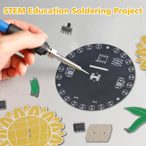 Light Chasing Sunflower Soldering Kit With RGB LED Flashing Lights, circuit board, and components for school education