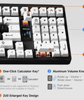 Close-up of Hella Smooth Silent Mechanical Gaming Keyboard With Rotary Knob showing calculator key and aluminum volume knob.