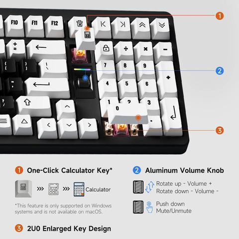Close-up of Hella Smooth Silent Mechanical Gaming Keyboard With Rotary Knob showing calculator key and aluminum volume knob.
