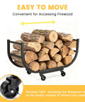 Heavy Duty Firewood Rack With Casters For Indoor Or Outdoor Use Matte Black Wood Carrier On Wheels Easy Roll Mobility