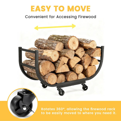 Heavy Duty Firewood Rack With Casters For Indoor Or Outdoor Use Matte Black Wood Carrier On Wheels Easy Roll Mobility