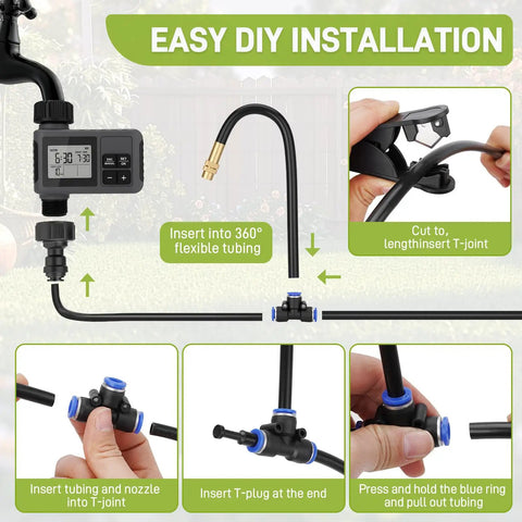 Easy DIY installation steps for 66Ft Drip Irrigation Kit With Timer No Fuss Hands Free Automatic Garden Watering System With Flexible 360 Degree Bendable Hose And Adjustable Emitters For Greenhouse Yard Flower Beds Lawn And Plants.