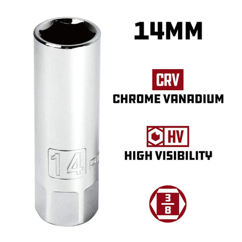 Three Eighth Inch Drive Spark Plug Socket Set Six Point Deep Thin Wall Five Piece Metric And SAE Chrome Vanadium Gray Finish For Broad Vehicle Coverage