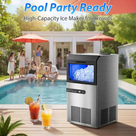 High Efficiency Under Counter Ice Maker, 120 Lbs Per Day, Stainless Steel, 45 Ice Cubes Per Cycle, outdoor pool party setting