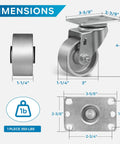 Dimensions of heavy duty steel casters: 3x1.25 inch size with 350 lbs capacity. Includes top plate dimensions and weight bearing details.
