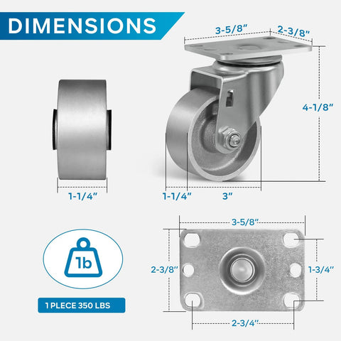 Dimensions of heavy duty steel casters: 3x1.25 inch size with 350 lbs capacity. Includes top plate dimensions and weight bearing details.
