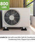 Mini split air conditioner on four pack floor mounting base kit with heavy duty rubber feet, supporting up to 800 lbs.