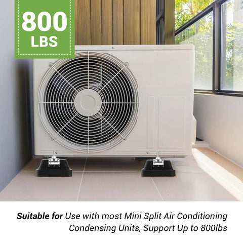 Mini split air conditioner on four pack floor mounting base kit with heavy duty rubber feet, supporting up to 800 lbs.
