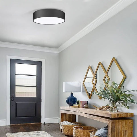 Two Light Flush Mount Ceiling Light With Slick Matte Black Frame And White Acrylic Shade, 11.8 Inch in entryway setting