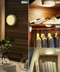 Six Pack LED Puck Lights With Remote Color Changing RGBW Under Cabinet Lighting in various home settings like bedroom and wardrobe.