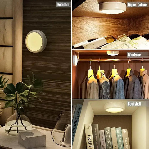 Six Pack LED Puck Lights With Remote Color Changing RGBW Under Cabinet Lighting in various home settings like bedroom and wardrobe.