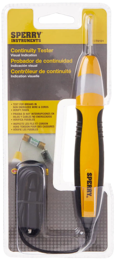 Sperry Instruments CT6101 Heavy Duty Continuity Tester with yellow body, 36 inch lead, and molded grips in retail packaging.