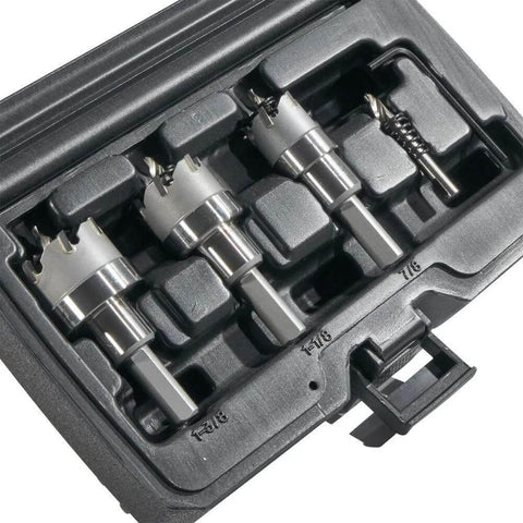 Klein Tools 4-piece hole saw kit with carbide cutters and pilot bit in rust-proof molded plastic case