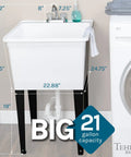 Heavy Duty Plastic Laundry Tub Featuring A Spacious 21 Gallon Basin With Sturdy Adjustable Freestanding Frame And Sleek Two Handle Faucet For Quick Household Cleanups No Sweat, detailed dimensions visible.