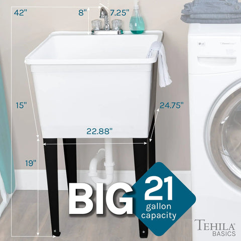 Heavy Duty Plastic Laundry Tub Featuring A Spacious 21 Gallon Basin With Sturdy Adjustable Freestanding Frame And Sleek Two Handle Faucet For Quick Household Cleanups No Sweat, detailed dimensions visible.