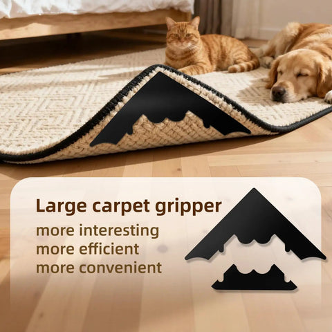 Rug Pad Gripper 8 Pack Reusable Non Slip Pads For Hardwood Floors And Tiles No Damage Keeps Corners Flat under rug shown in room.