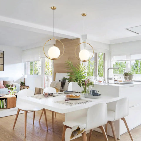 Mid Century Modern Large Globe Pendant Light With Brushed Brass Finish And White Glass Sphere, 1 Light Ceiling Hanging Pendant