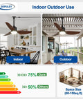 Walnut 42 Inch Outdoor Ceiling Fan With Lights Waterproof Remote App Control shown indoors and outdoors on patio