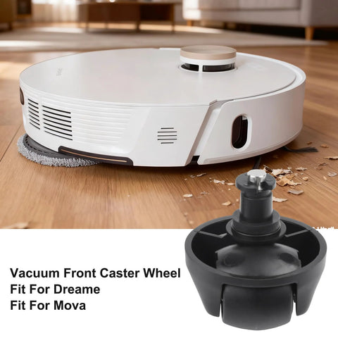 Front Caster Wheel Replacement For Mova L300 L600 And Dreame D9 L20 Ultra shown next to robotic vacuum in living room.