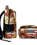 Farmland Patriotic Bull Print Unisex Backpack with durable polyester, side view showing large capacity and smooth zipper.