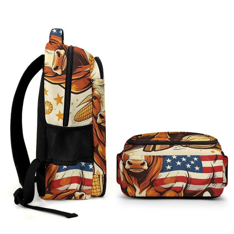 Farmland Patriotic Bull Print Unisex Backpack with durable polyester, side view showing large capacity and smooth zipper.