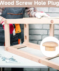 120 Pieces Wood Plugs For Screw Holes In Furniture Cabinets And Tables Four Sizes Three Sixteenths Inch Five Sixteenths Inch Three Eighths Inch One Half Inch Hardwood Hole Plugs Wood Stoppers For DIY Repair Outdoor Gear And Rustic Furniture Projects shown with wood frame and drill.