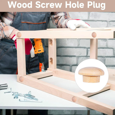 120 Pieces Wood Plugs For Screw Holes In Furniture Cabinets And Tables Four Sizes Three Sixteenths Inch Five Sixteenths Inch Three Eighths Inch One Half Inch Hardwood Hole Plugs Wood Stoppers For DIY Repair Outdoor Gear And Rustic Furniture Projects shown with wood frame and drill.
