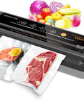 Heavy Duty Home Vacuum Sealer with 80kPa suction, showing sealed bags and fresh produce, ideal for keeping food fresh and saving money on groceries.