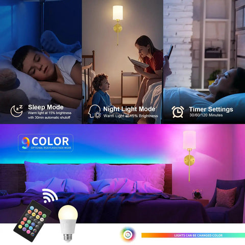 Wireless Battery Operated Wall Sconce Set Of Two With Timer, Dimmable 4CCT And RGB Accent Light For Bedroom in use, showcasing modes and remote.