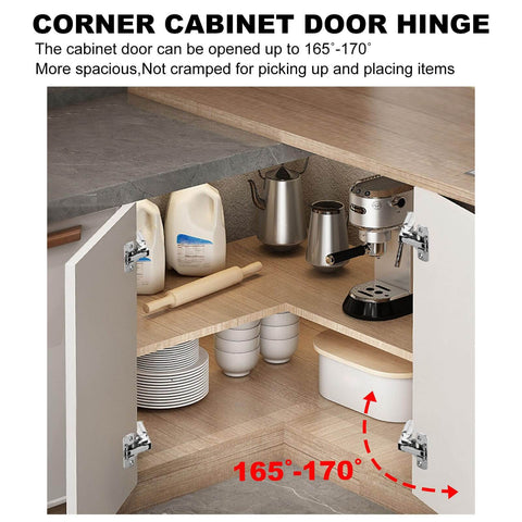 165 Degree Soft Close Cabinet Hinges 2 Pack For Frameless Kitchen Cabinets installed on open corner cabinet doors