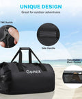 Extra Large Waterproof Duffel Bag 80L With Roll Top Closure And PVC Build on beach with YKK buckle and detachable mesh pocket.
