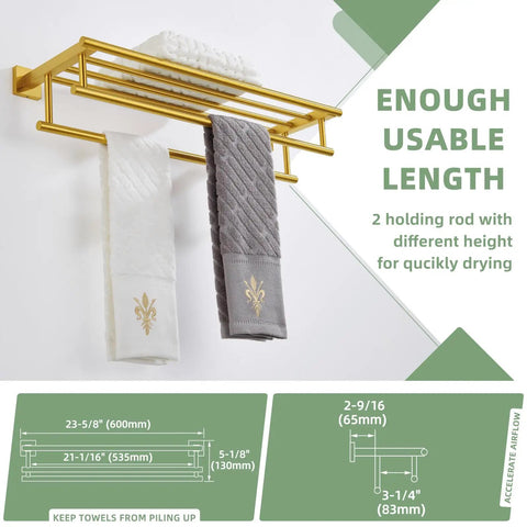 Brushed Dark Gold Stainless Steel Towel Rack With Double Bar Holder For Bathroom Wall Mount SUS 304 Durable Towel Shelf 23 Point 62 Inches