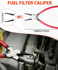Six-Piece Fuel Line Pliers Set For Hose Clamps And Fluid Lines With 30-Degree Disconnect Pliers And Flat Hose Clamp Pliers, Long Fuel Filter Caliper Hose Remover For Water Hoses And Auto Maintenance With Storage Case Included, shown in use removing fuel line in engine bay