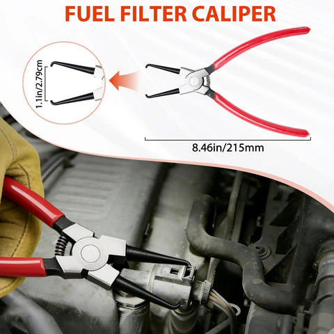 Six-Piece Fuel Line Pliers Set For Hose Clamps And Fluid Lines With 30-Degree Disconnect Pliers And Flat Hose Clamp Pliers, Long Fuel Filter Caliper Hose Remover For Water Hoses And Auto Maintenance With Storage Case Included, shown in use removing fuel line in engine bay