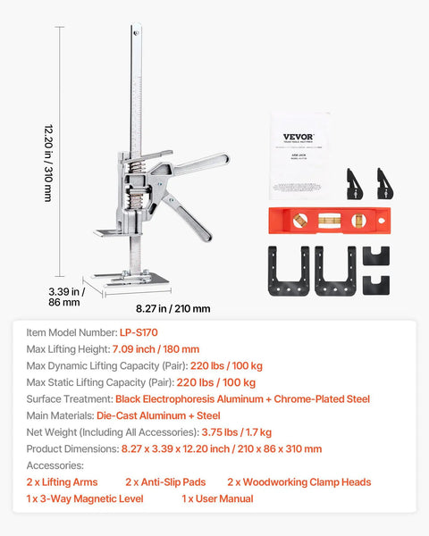 Dual Action Labor Saving Arm Jacks 2 Pack Adjustable Height Hand Lifter For Doors Windows And Massive Furniture With Built In Magnet Level And Quick Release No Sweat Operation Tough As Nails Silver Finish - 12.20 inch adjustable hand lifter with accessories.