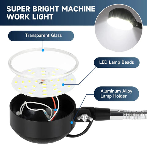 Super Bright 2000 Lumen Magnetic Work Light With 12 Inch 360 Degree Flexible Gooseneck, magnetic base desk lamp components shown