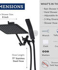 All Metal 8 Inch Dual Square Shower Head And Handheld Spray Combo With Rain Mode 71 Inch Hose 3 Way Diverter Adjustable Arm Matte Black Bathroom Upgrade shown next to installation tools and dimensions chart