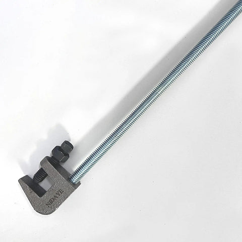 Fully Threaded Rod Zinc Plated One Quarter Inch Diameter Twelve Inch Length UNC 20 Threads Per Inch Right Hand Threads For Structural Anchoring And Pole Installations shown with clamp
