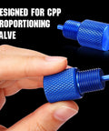 Solid Aluminum Two Piece Brake Proportioning Valve Bleeder Tool Kit For Disc And Drum Systems With Pv2 Pv4 Shuttle Valve Compatibility, blue adapter in hand.