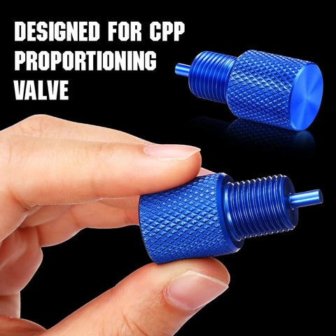 Solid Aluminum Two Piece Brake Proportioning Valve Bleeder Tool Kit For Disc And Drum Systems With Pv2 Pv4 Shuttle Valve Compatibility, blue adapter in hand.