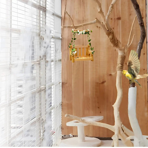 Set Of 2 Wooden Swing Bird Feeders For Outdoor Hangin With Metal Mesh Bottom in indoor garden setting with tree branches