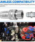 Cplbrb 3/8 in NPT hydraulic quick couplers with poppet valves and dust caps, metal finish, close-up view.
Installed two 3/8 in NPT hydraulic quick coupler assemblies on a hydraulic manifold with red and blue caps.