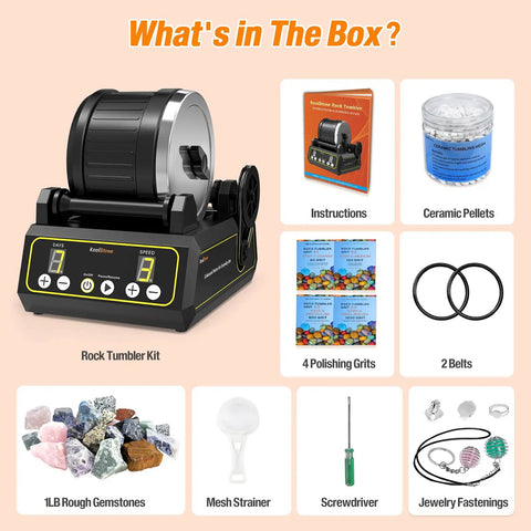 Contents of Large 2.5Lb Rotary Rock Tumbler Kit For Adults And Hobbyists With Quiet Rubber Barrel, including accessories and instructions.