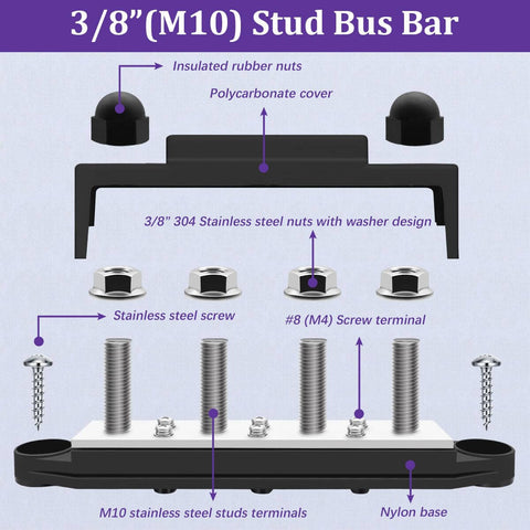 Marine Grade 12V Bus Bar Power Distribution Block With Cover For Boat And Car Solar Wiring, 250A, stainless steel studs and screws